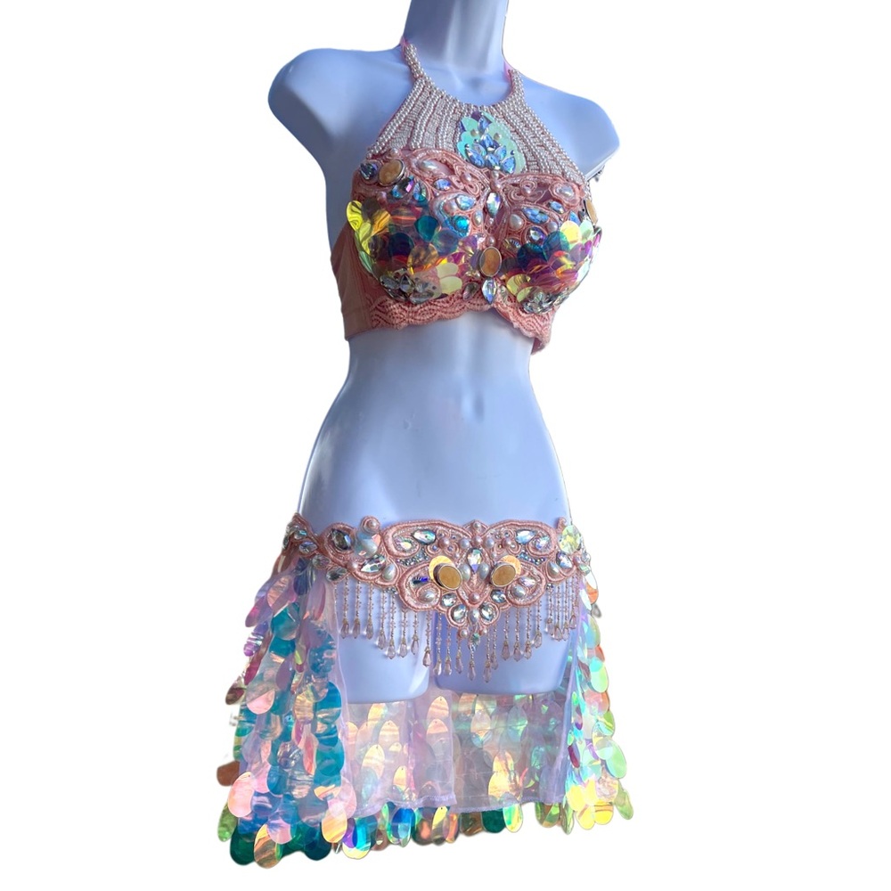 Peach Sequin Mermaid Bra and Skirt - Picture 2 of 7